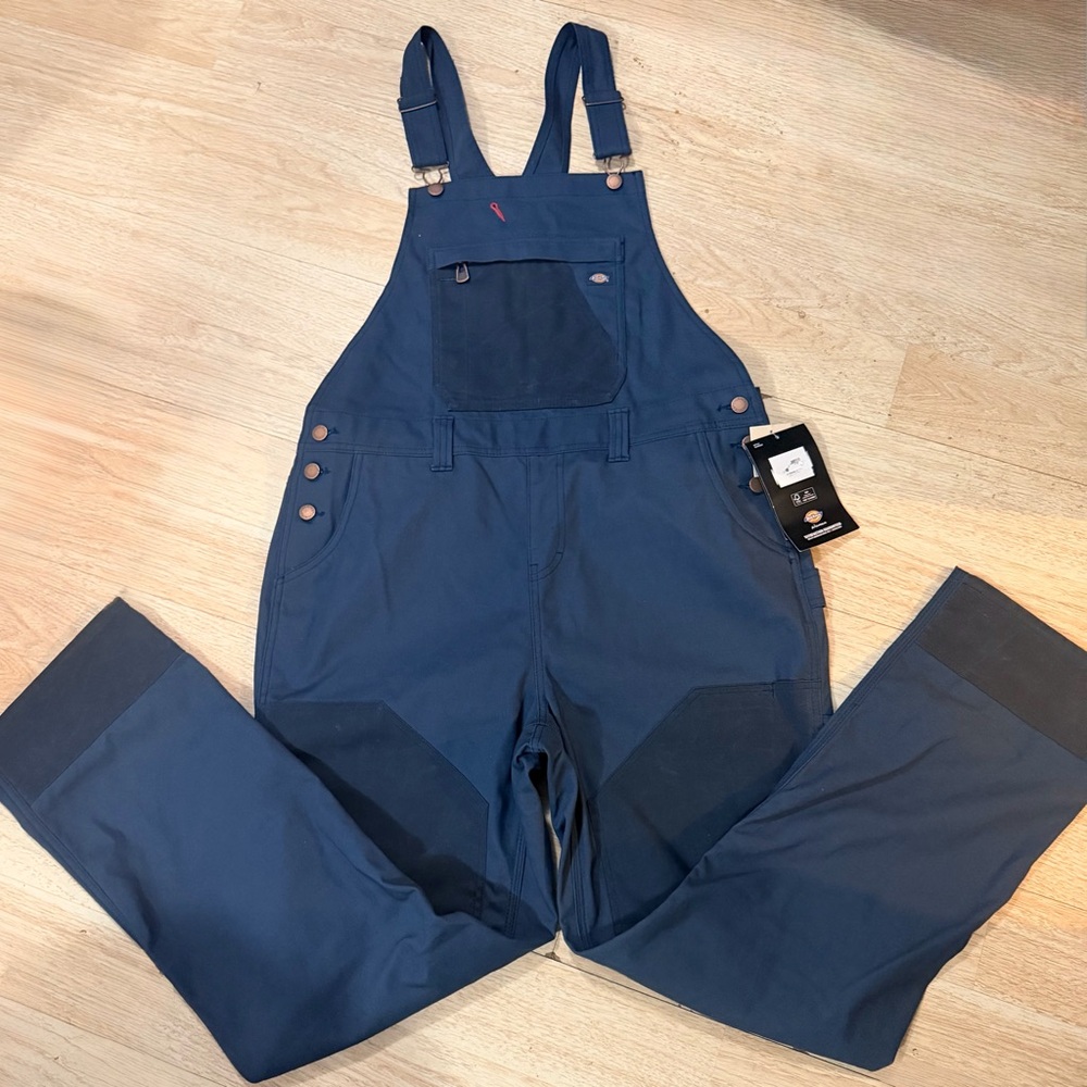 Dickies Women's Navy Blue Work Overalls with Dark Patch Accents